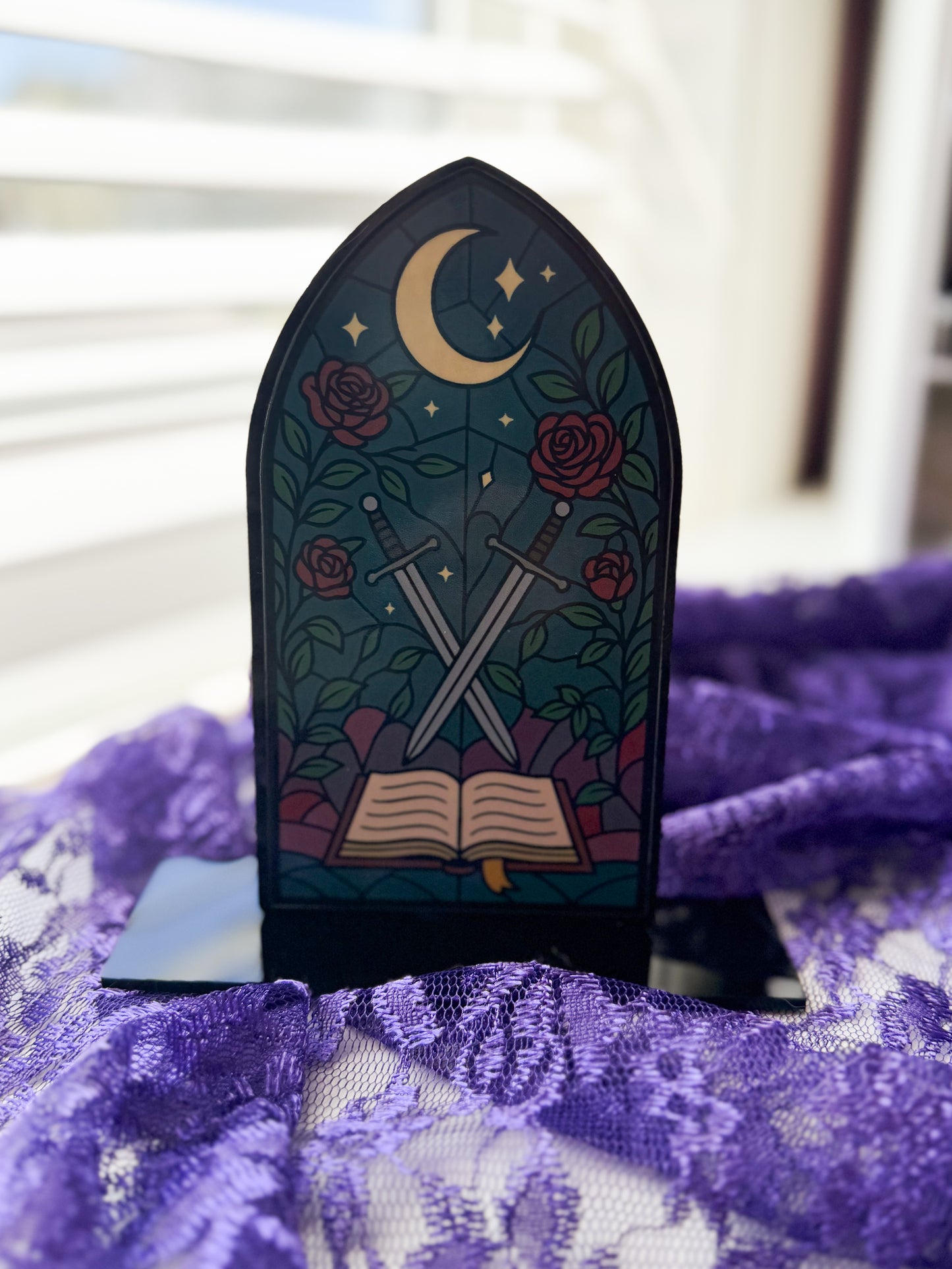 Bookish Stained Glass Window Acrylic Shelf Sitter w/ Stand